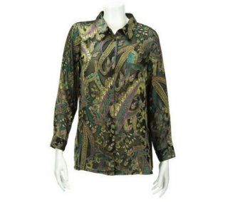 Susan Graver Paisley Print Burnout Satin Long Sleeve Big Shirt