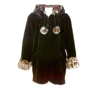 Furrocious Hooded Faux Fur Coat with Faux Cheetah Trim —