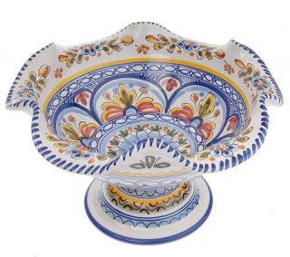 Spanish Handpainted Ceramic Scalloped Edge Blue Fruit Bowl —