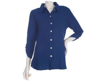 Susan Graver Solid Gauze Button Front Big Shirt with Ruched Sleeves 