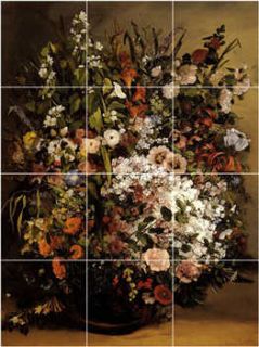 XL Gustave Courbet Flowers Painting Ceramic Backsplash Wall Tile