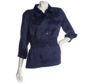 Linea by Louis DellOlio Silk Charmeuse Blouse with Smocked Waist