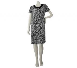 Susan Graver Liquid Knit Printed Dress with Solid Banded Neckline 