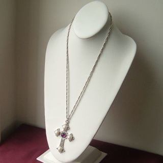 Sarah Coventry Vintage Necklace Large Cross Purple Lucite Faux Pearl 3