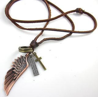  Mens Tibetan Angel Wing Cross Bronze Pendants Leather Necklace