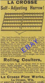 1889 La Crosse Harrow Ad Rolling Coulters Wisconsin