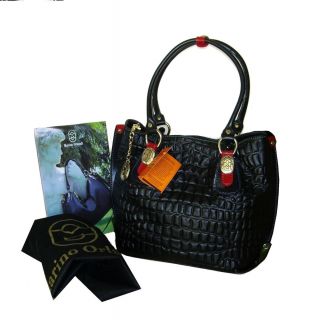 Marino Orlandi Black Leather Bag Handbag Purse Croc Multicolor