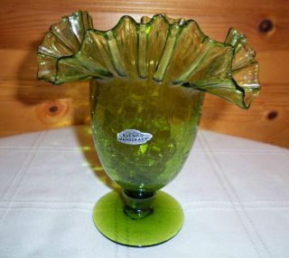 Blenko Vase Crackle Glass Ruffled Top Light Olive Green Footed
