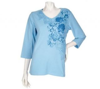 Denim & Co. 3/4 Sleeve Graphic Lace Print T Shirt —