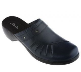 Clarks Leather Ruched Clogs with Buckle Detail —