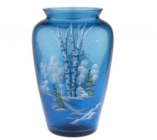Fenton Art Glass Nancy Fenton Signed Indigo Cut Top Vase —