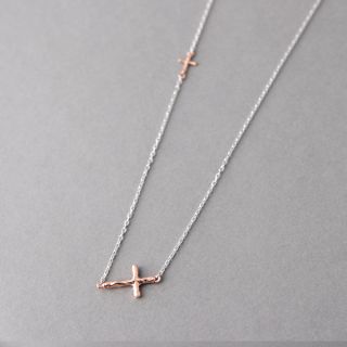Rose Gold Two Hammered Crosses Necklace Sterling Silver Sideways Cross