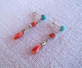   Chinese Silver Chandelier Dangle Earrings Nat Turquoise Coral Agate