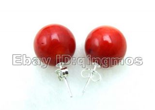  17mm Red Perfect Round Natural Coral Earrings S925 Stud EAR194