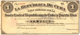 UNC Banknote of 1 Peso 1869 Military Joint of Cuba Puerto Rico