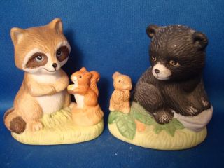 Homco 2 Porcelain Figurines Raccoon Squirrel Bear Bunny