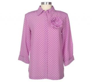Susan Graver Crepe Polka Dot Big Shirt with Flower Pin   A50075