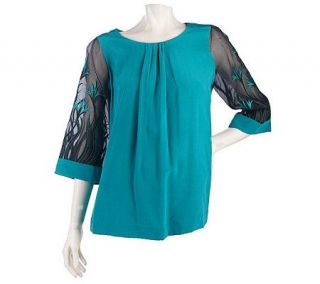 Bob Mackies Organza Sleeve Silk Blouse with Embroidery & Pleat Detail 