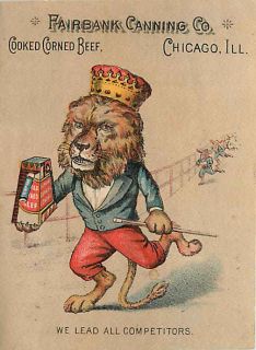  Card Advertising Fairbank Canning Co 1885 Lion Cooked Corn Beef