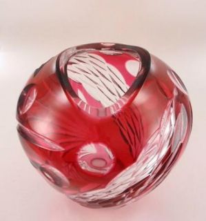 Heart Shaped Cranberry Cut to Clear Art Glass Vase
