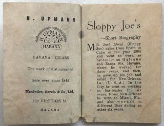  1938 Sloppy Joes Cocktails Manual, Havana, Cuba, Jose Abeal Y Otero