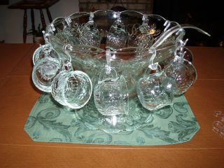 Glass Punch Bowl with Base and 12 Cups with Hangers, Grape and Ivy