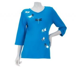 Quacker Factory DragonflyWishes 3/4 Sleeve Sequin Sparkle T shirt 