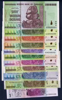 Trillions Mixed Zimbabwe Currency Bank Note Set of 11 Notes