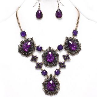  Purple Crystal Antique Gold Bib Statement Necklace Set Costume Jewelry
