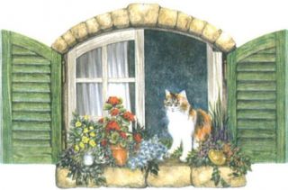 Cottage Window with Cat Tuscan Murals Wallpaper Mural
