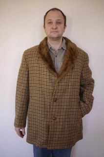 Vintage 1970s Cresco Houndstooth Wool Faux Fur Lined Mens Car Over