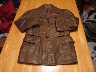 Men Vtg Brown Belted Cresco Leather Trench Coat Jacket Button Rocker