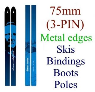 NEW ASNES 75mm 3 pin cross country XC SKIS BINDINGS BOOTS POLES Metal