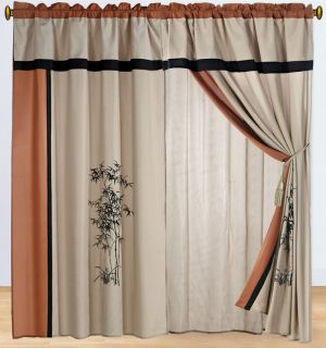 Orange Bamboo Embroidered Curtain Set w/ Valance/Sheer/Tassels