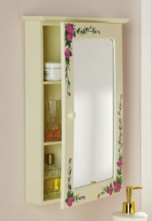 Country Pink Rose Floral Flower Bathroom Medicine Mirror Wall Cabinet