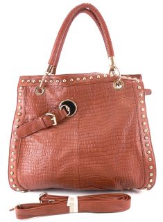 Gold Studs Croc Leather Handbag Purse Bag Tote Brown