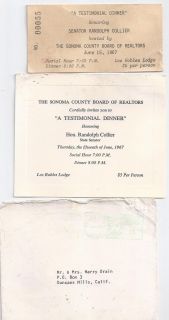 Senator Randolph Collier Calif. Testimonial Dinner 1967 Invitation And