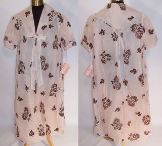 Vintage 1960 Charmode Blush Nylon Brown Roses Negligee Peignoir Robe