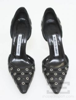  Blahnik Black Leather Grommet Laser Cut DOrsay Heels Size 35