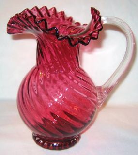 Cranberry Art Glass Pitcher with Ruffled Crimped Edge