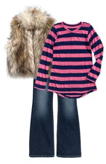 Widgeon Faux Fur Vest, Erge Designs Stripe Tee & Joes Flare Leg Jeans (Little Girls)