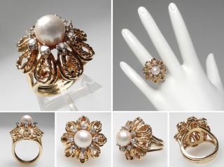 Pearl Diamond Cocktail Ring Solid 14k Yellow Gold Vintage Estate Fine