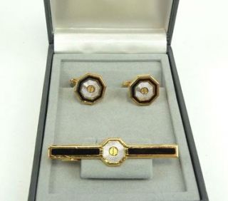 Authentic Dunhill Cufflinks Tie Clip Gold Black Silver Color Set w Box