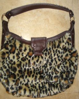 Daisy Fuentes Faux Leopard Fur Purse with Silver Rhinestone Ring