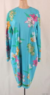 Aqua Blue Brilliant Flowers Anne Crimmins Vintage 80s 90s Silk Dress L