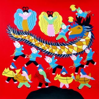 Chinese Folk Art Watercolor Painting 10x10Dragon Dance