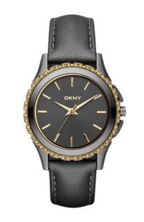 DKNY Crystal Detail Leather Strap Watch