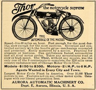 1909 Ad Thor Motorcycle Aurora Automatic Machinery Co Original