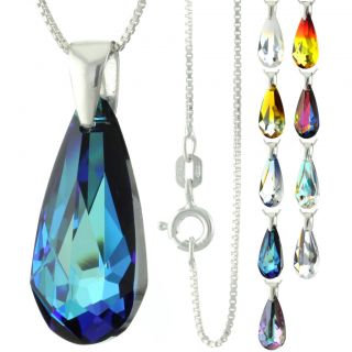  Sterling Silver Faceted Teardrop Bermuda Blue Crystal Pendant Necklace
