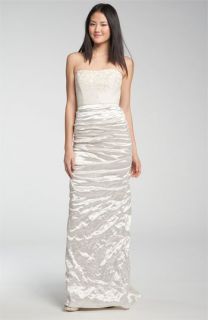 Nicole Miller Embroidered Bodice Ruched Satin Gown